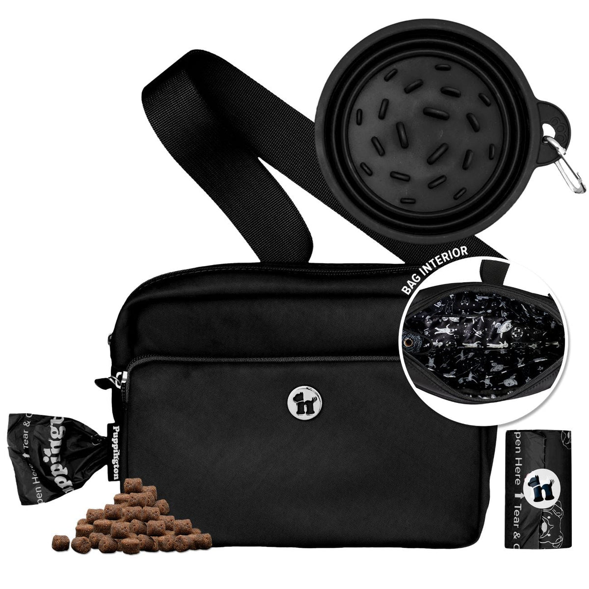 Puppington 3-in-1 Crossbody Dog Treat Pouch with Matching Poop Bags and Slow Feeding Travel Bowl