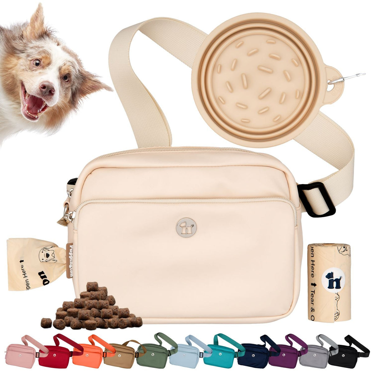 Puppington 3-in-1 Crossbody Dog Treat Pouch with Matching Poop Bags and Slow Feeding Travel Bowl