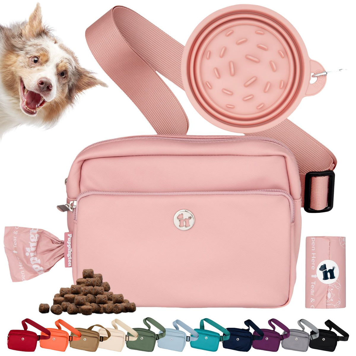 Puppington 3-in-1 Crossbody Dog Treat Pouch with Matching Poop Bags and Slow Feeding Travel Bowl
