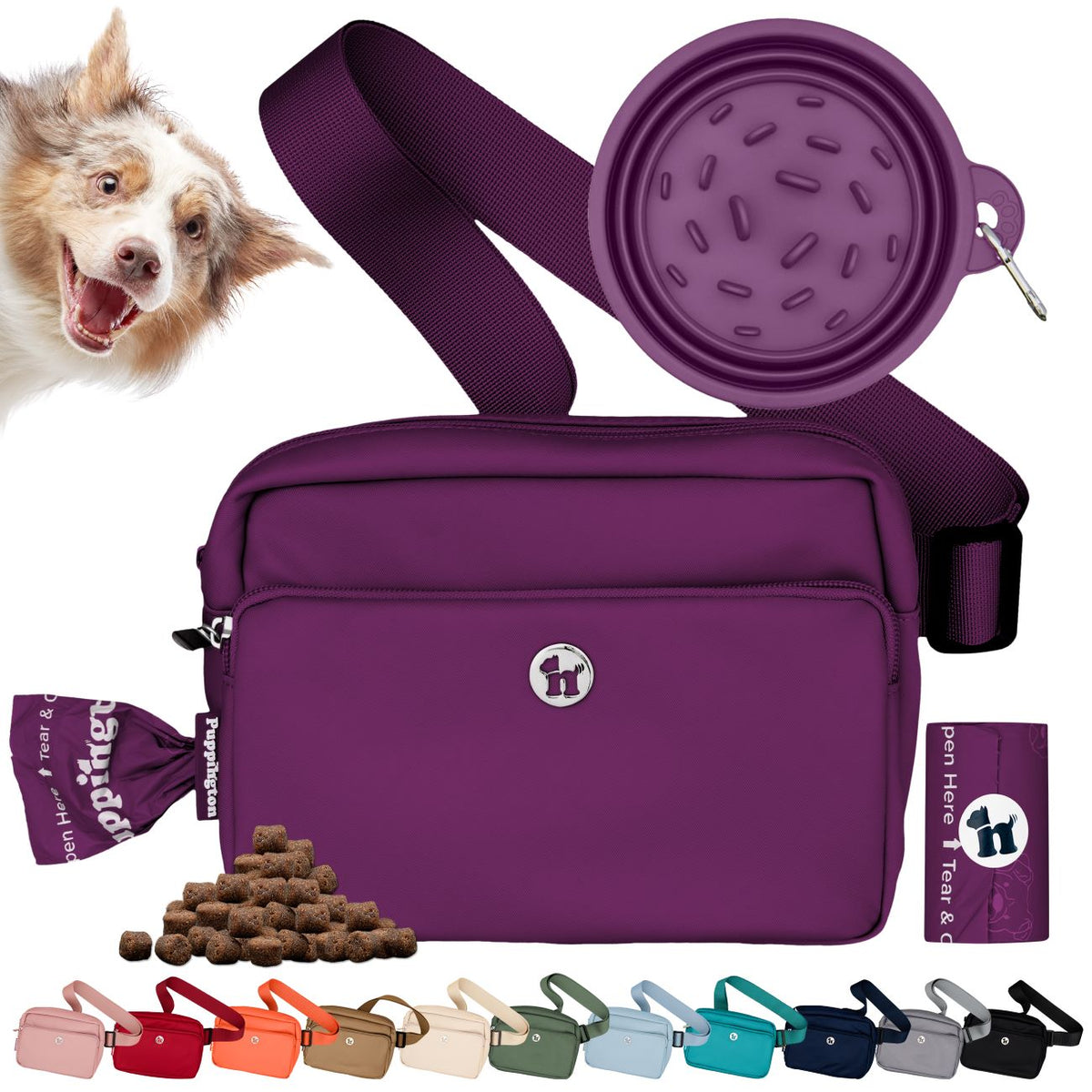 Puppington 3-in-1 Crossbody Dog Treat Pouch with Matching Poop Bags and Slow Feeding Travel Bowl