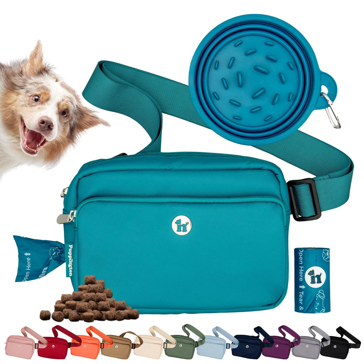 Puppington 3-in-1 Crossbody Dog Treat Pouch with Matching Poop Bags and Slow Feeding Travel Bowl